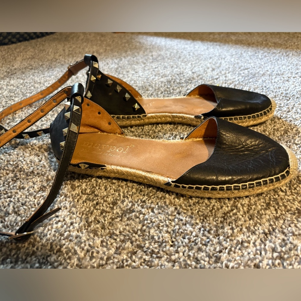 Maypol women’s Black leather studded Espadrille Flats size us 9 / 9.5 uk size 40